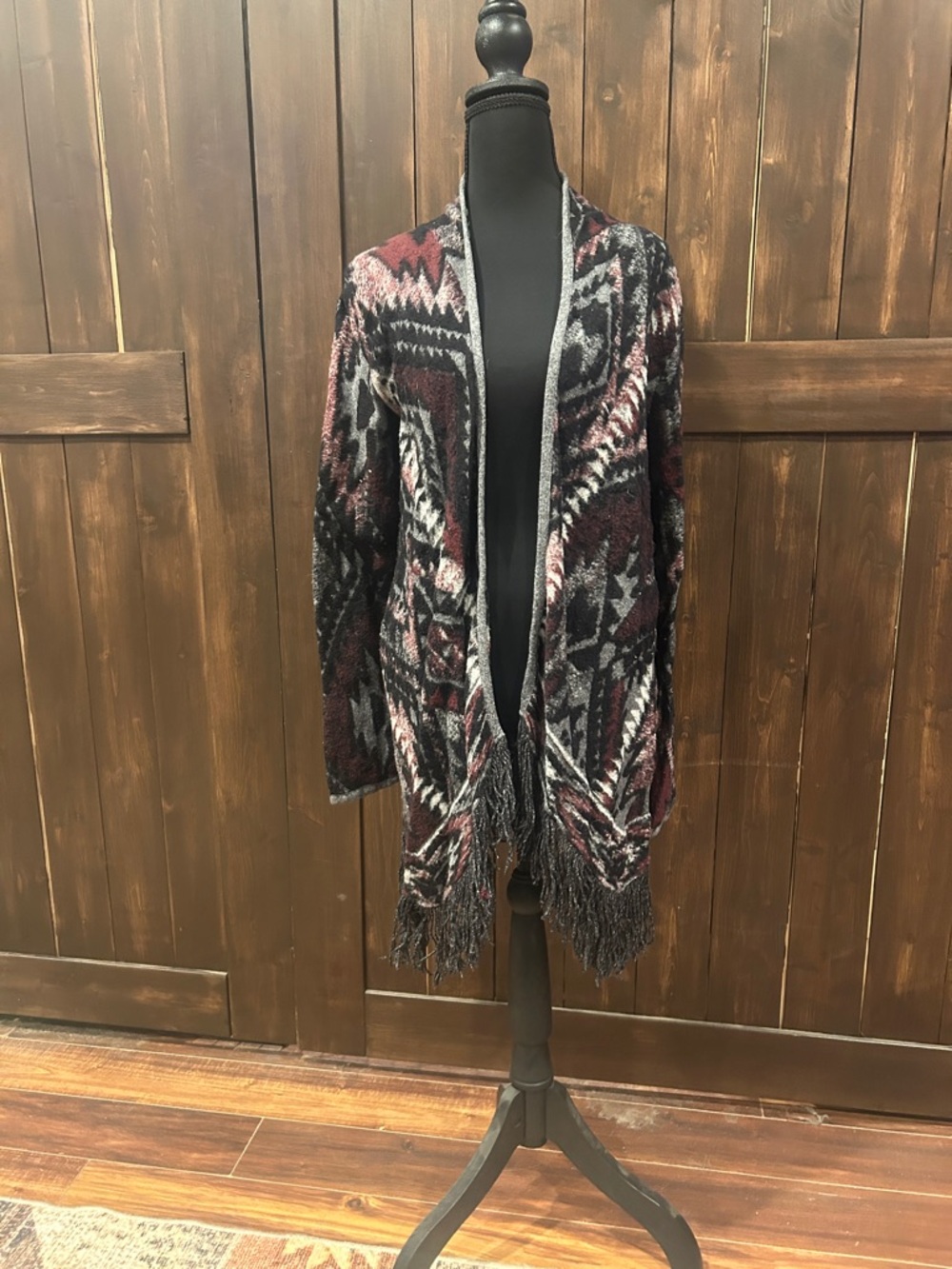 Lucky Brand Aztec Open-Front Fringe Cardigan in Maroon and Black